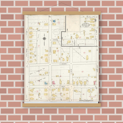 Old map wall art mockup — magnetic wood frame on brick wall — Sanborn Fire Insurance Map from Danville, Hendricks County, Indiana (1932), Sheet #0003
