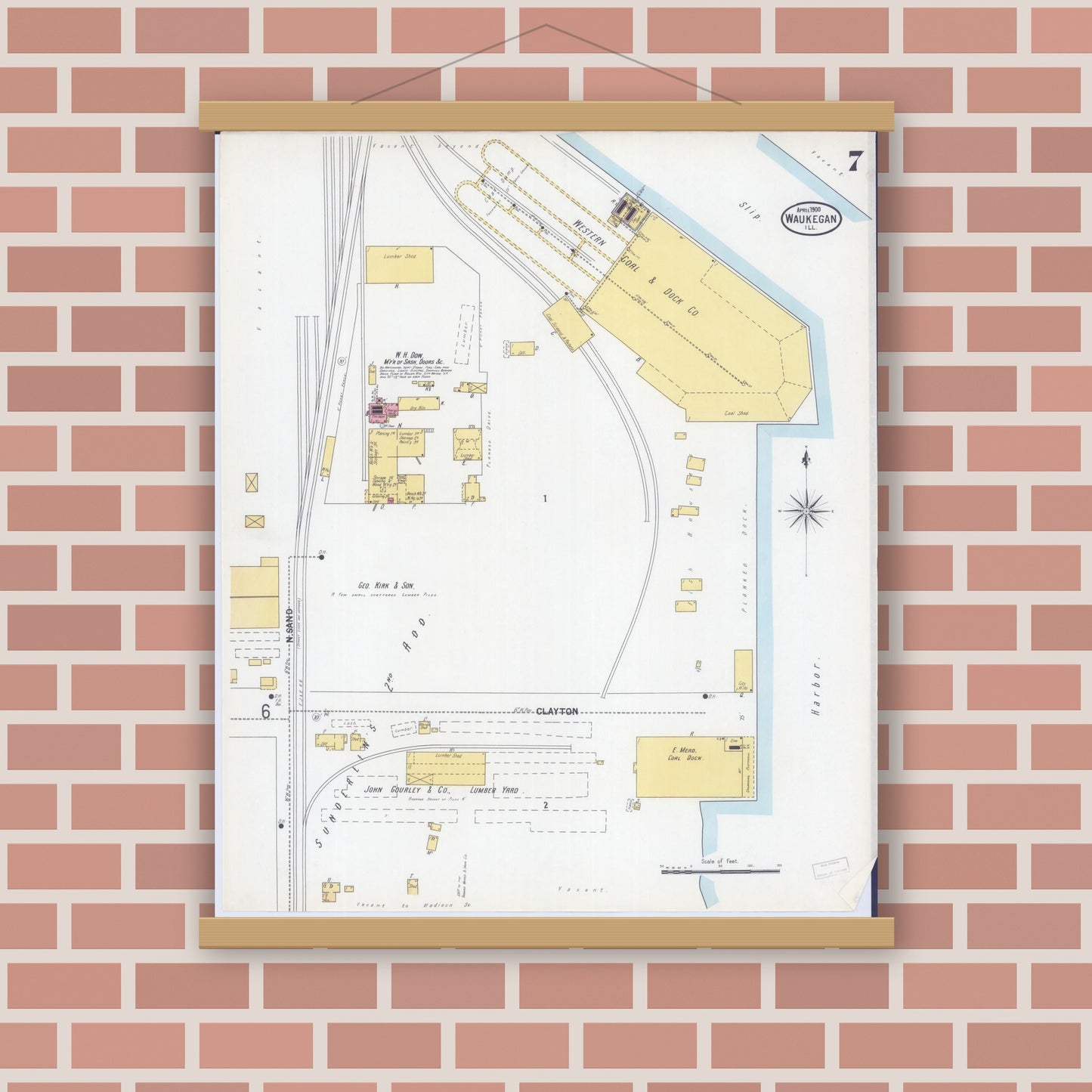 Old map wall art mockup — magnetic wood frame on brick wall — Sanborn Fire Insurance Map from Waukegan, Lake County, Illinois (1900), Sheet #0007