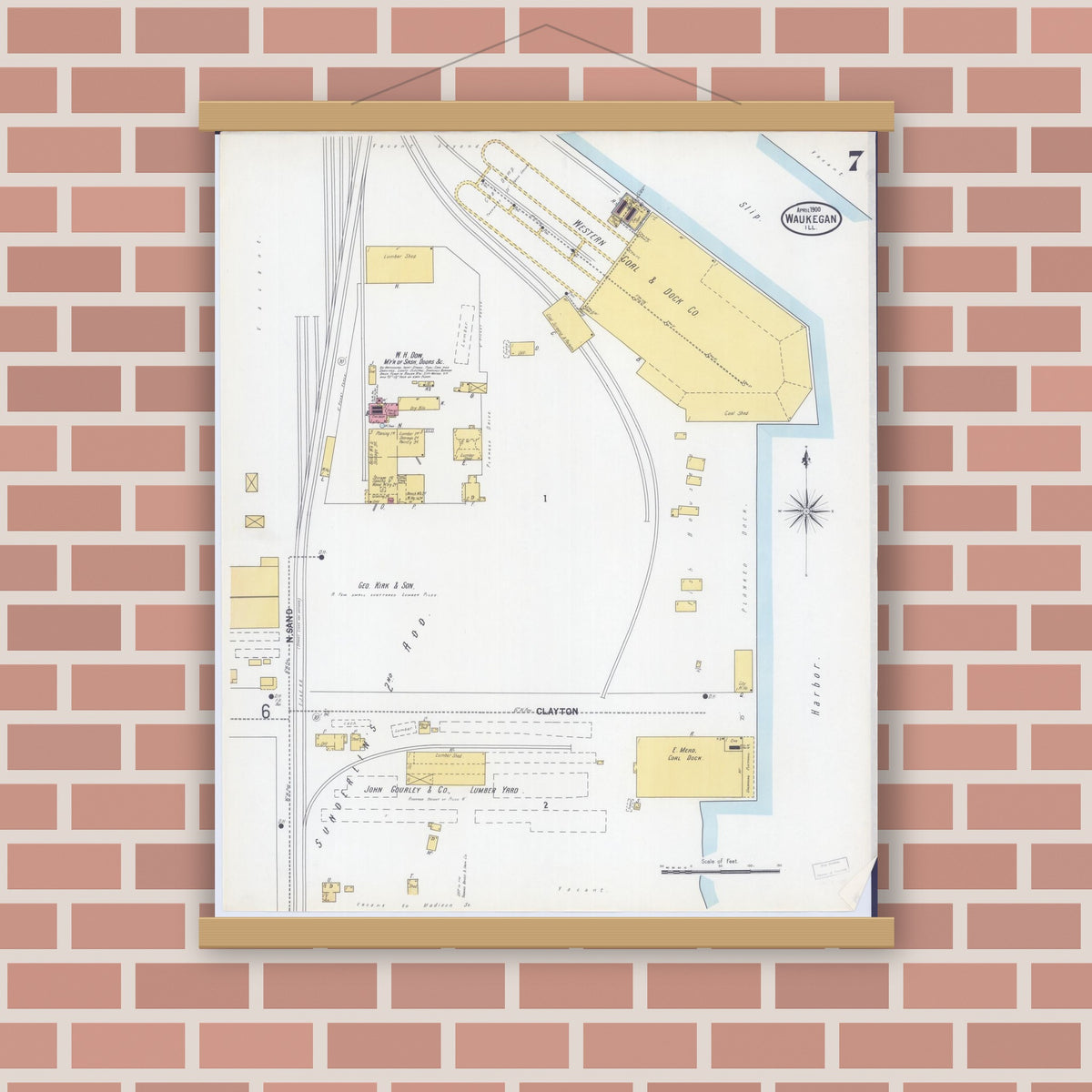 Old map wall art mockup — magnetic wood frame on brick wall — Sanborn Fire Insurance Map from Waukegan, Lake County, Illinois (1900), Sheet #0007