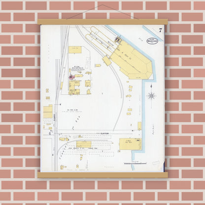 Old map wall art mockup — magnetic wood frame on brick wall — Sanborn Fire Insurance Map from Waukegan, Lake County, Illinois (1900), Sheet #0007