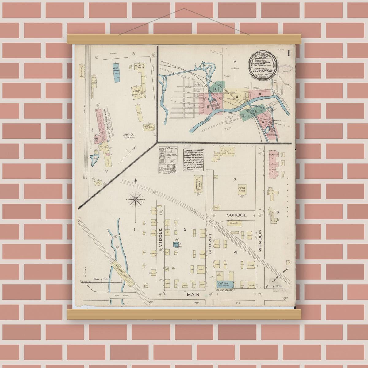 Old map wall art mockup — magnetic wood frame on brick wall — Sanborn Fire Insurance Map from Blackstone, Worcester County, Massachusetts (1885), Sheet #0001