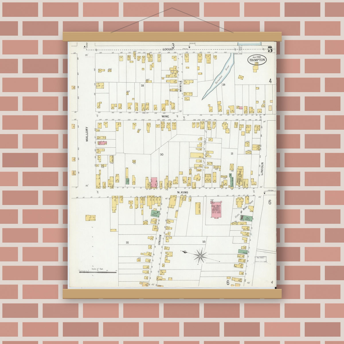Old map wall art mockup — magnetic wood frame on brick wall — Sanborn Fire Insurance Map from Hampton, Independent Cities, Virginia (1900), Sheet #0005