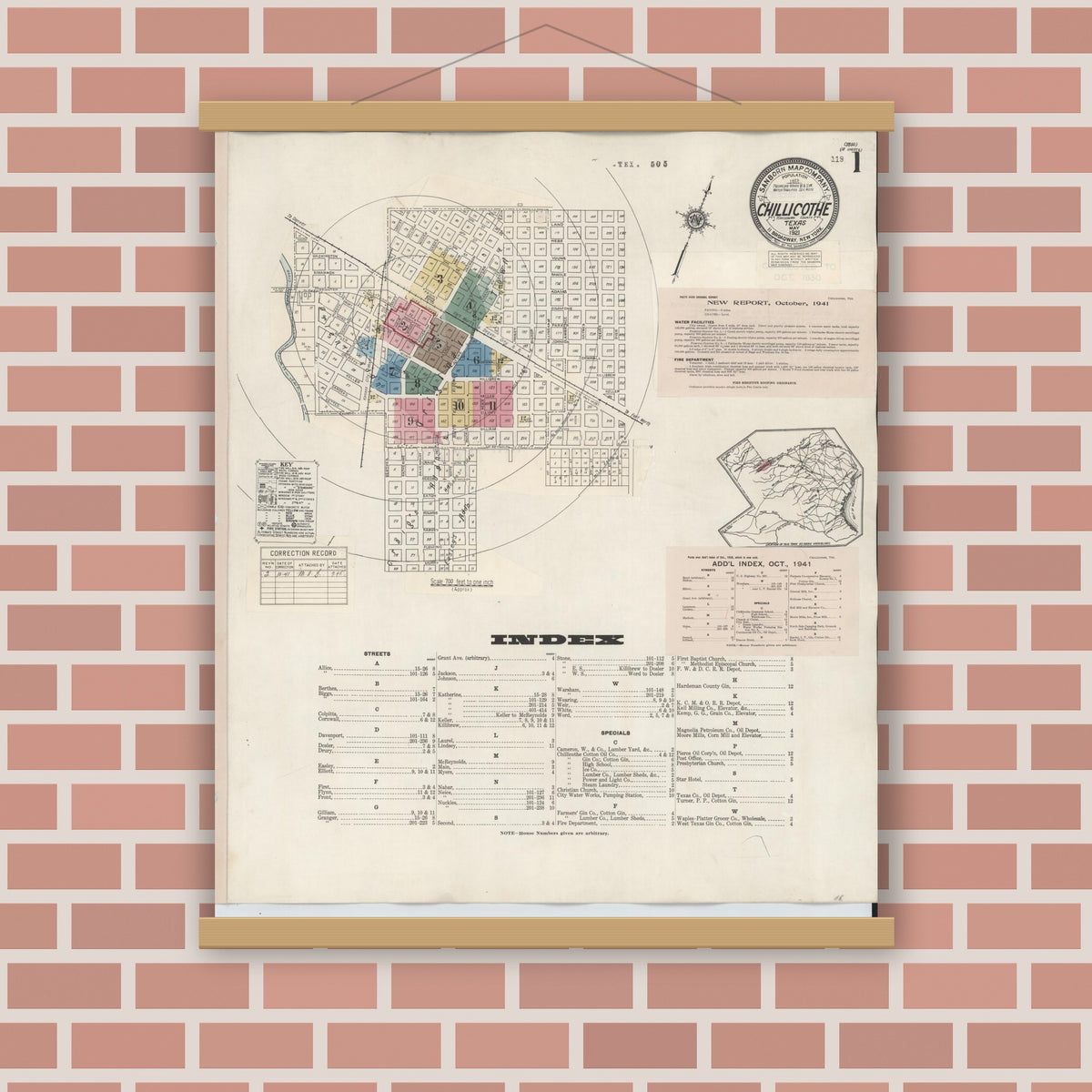 Old map wall art mockup — magnetic wood frame on brick wall — Sanborn Fire Insurance Map from Chillicothe, Hardeman County, Texas (1941) - Complete Map Set