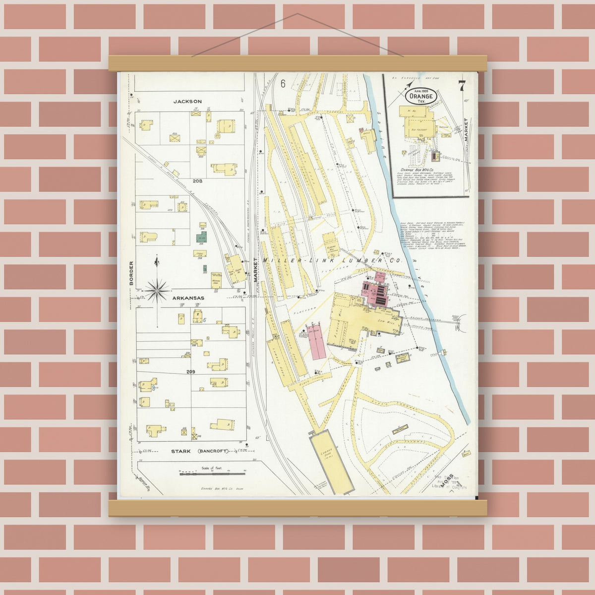 Old map wall art mockup — magnetic wood frame on brick wall — Sanborn Fire Insurance Map from Orange, Orange County, Texas (1909), Sheet #0007