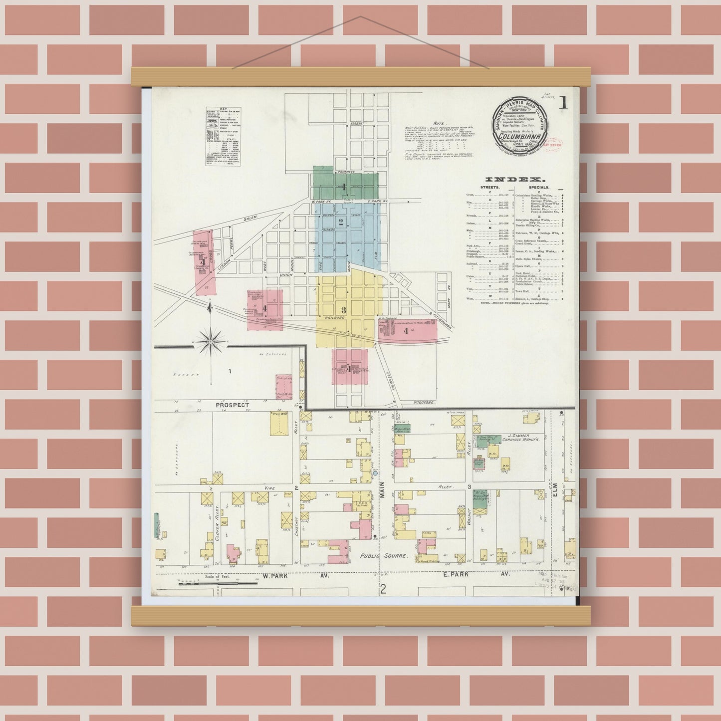 Old map wall art mockup — magnetic wood frame on brick wall — Sanborn Fire Insurance Map from Columbiana, Columbiana County, Ohio (1896) - Complete Map Set