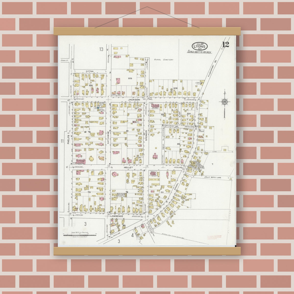 Old map wall art mockup — magnetic wood frame on brick wall — Sanborn Fire Insurance Map from Lyons, Wayne County, New York (1917), Sheet #0012