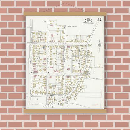 Old map wall art mockup — magnetic wood frame on brick wall — Sanborn Fire Insurance Map from Lyons, Wayne County, New York (1917), Sheet #0012