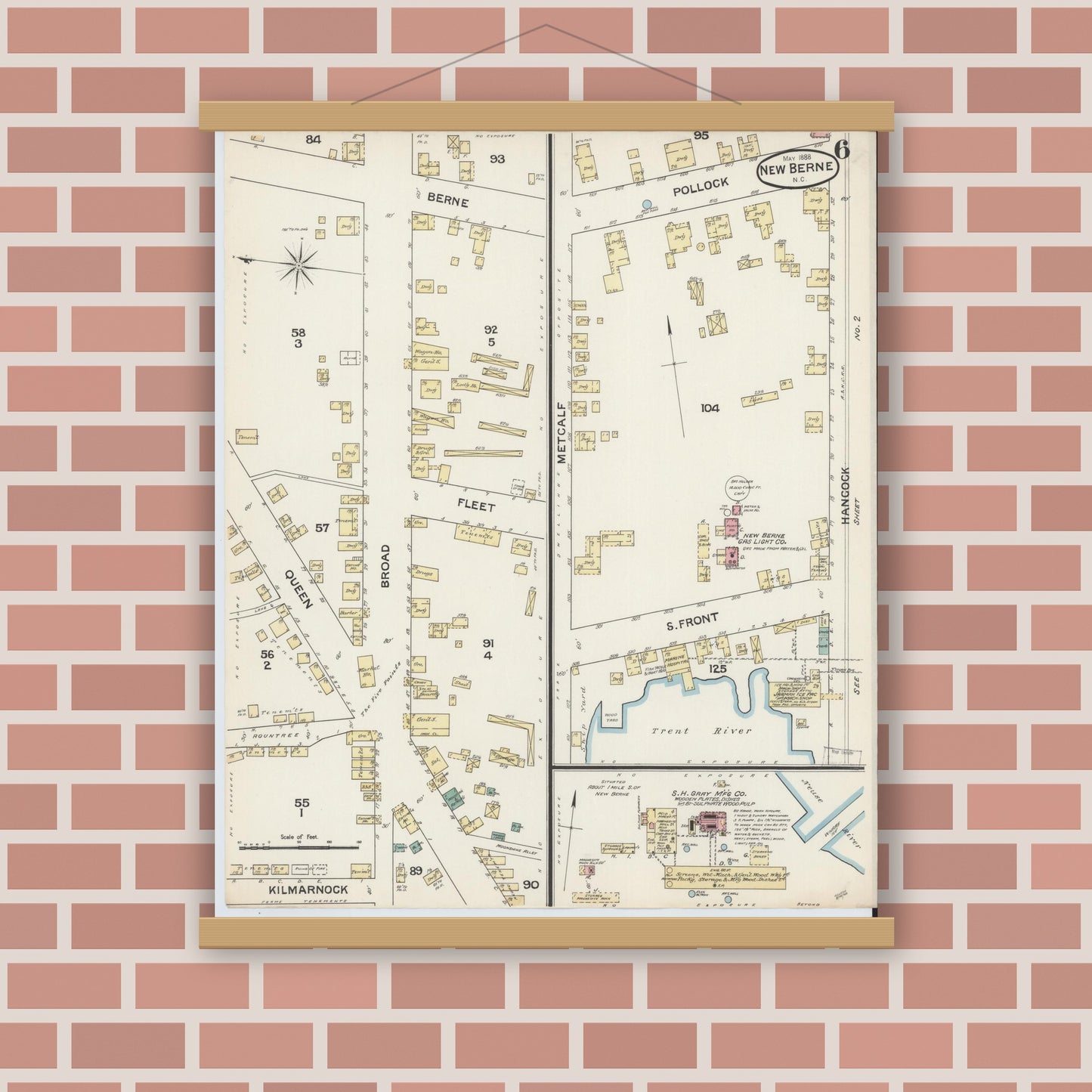 Old map wall art mockup — magnetic wood frame on brick wall — Sanborn Fire Insurance Map from New Bern, Craven County, North Carolina (1888), Sheet #0006