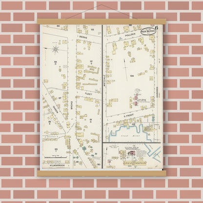 Old map wall art mockup — magnetic wood frame on brick wall — Sanborn Fire Insurance Map from New Bern, Craven County, North Carolina (1888), Sheet #0006