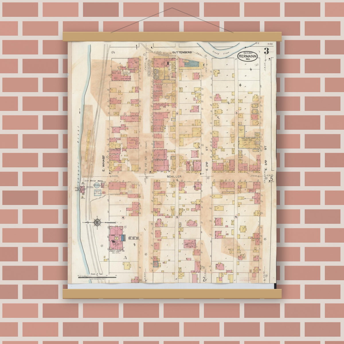 Old map wall art mockup — magnetic wood frame on brick wall — Sanborn Fire Insurance Map from Hermann, Gasconade County, Missouri (1932), Sheet #0003