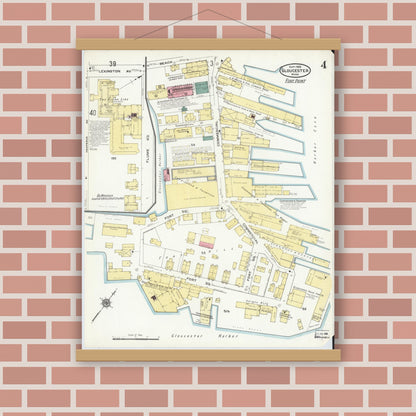 Old map wall art mockup — magnetic wood frame on brick wall — Sanborn Fire Insurance Map from Gloucester, Essex County, Massachusetts (1909), Sheet #0004