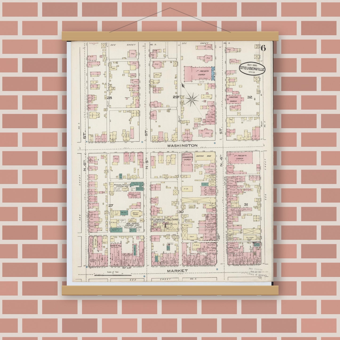 Old map wall art mockup — magnetic wood frame on brick wall — Sanborn Fire Insurance Map from Steubenville, Jefferson County, Ohio (1885), Sheet #0006
