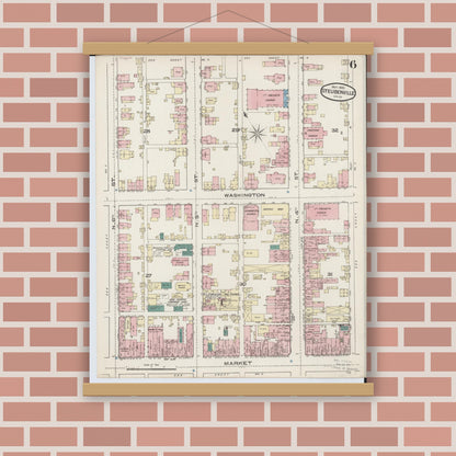 Old map wall art mockup — magnetic wood frame on brick wall — Sanborn Fire Insurance Map from Steubenville, Jefferson County, Ohio (1885), Sheet #0006