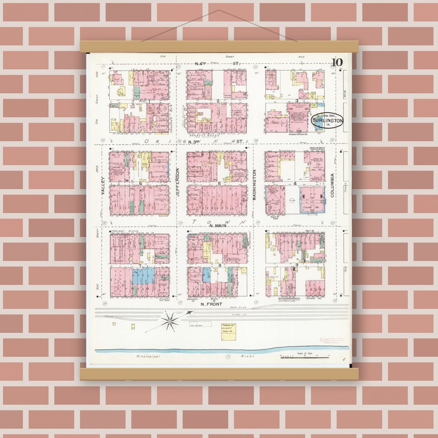 Old map wall art mockup — magnetic wood frame on brick wall — Sanborn Fire Insurance Map from Burlington, Des Moines County, Iowa (1892), Sheet #0010