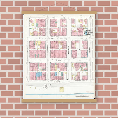 Old map wall art mockup — magnetic wood frame on brick wall — Sanborn Fire Insurance Map from Burlington, Des Moines County, Iowa (1892), Sheet #0010