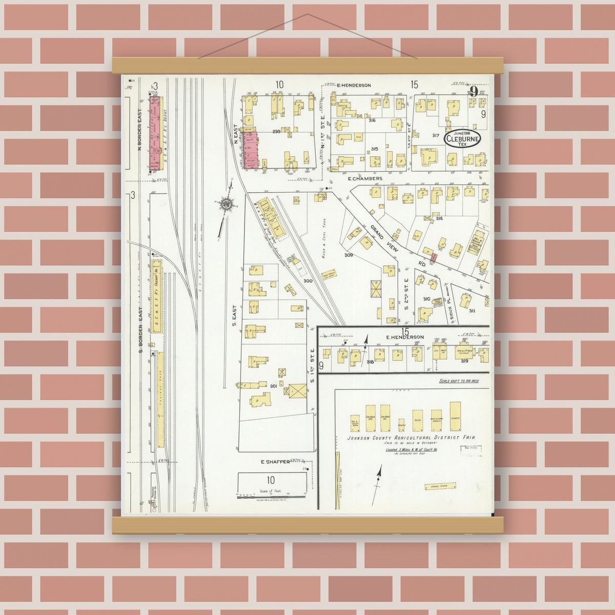 Old map wall art mockup — magnetic wood frame on brick wall — Sanborn Fire Insurance Map from Cleburne, Johnson County, Texas (1918), Sheet #0009