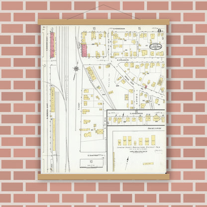 Old map wall art mockup — magnetic wood frame on brick wall — Sanborn Fire Insurance Map from Cleburne, Johnson County, Texas (1918), Sheet #0009
