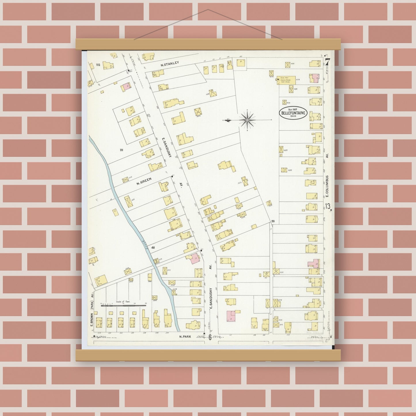 Old map wall art mockup — magnetic wood frame on brick wall — Sanborn Fire Insurance Map from Bellefontaine, Logan County, Ohio (1907), Sheet #0007