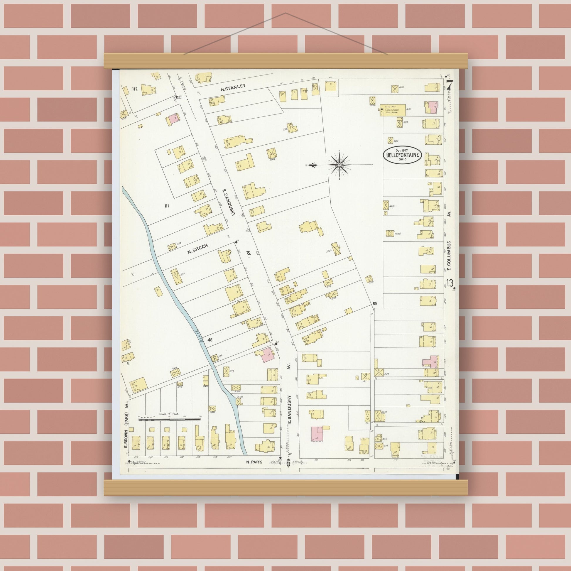 Old map wall art mockup — magnetic wood frame on brick wall — Sanborn Fire Insurance Map from Bellefontaine, Logan County, Ohio (1907), Sheet #0007