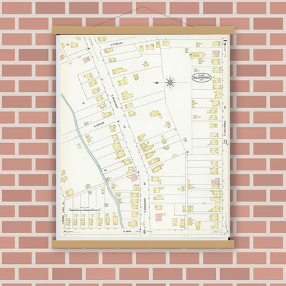 Old map wall art mockup — magnetic wood frame on brick wall — Sanborn Fire Insurance Map from Bellefontaine, Logan County, Ohio (1907), Sheet #0007