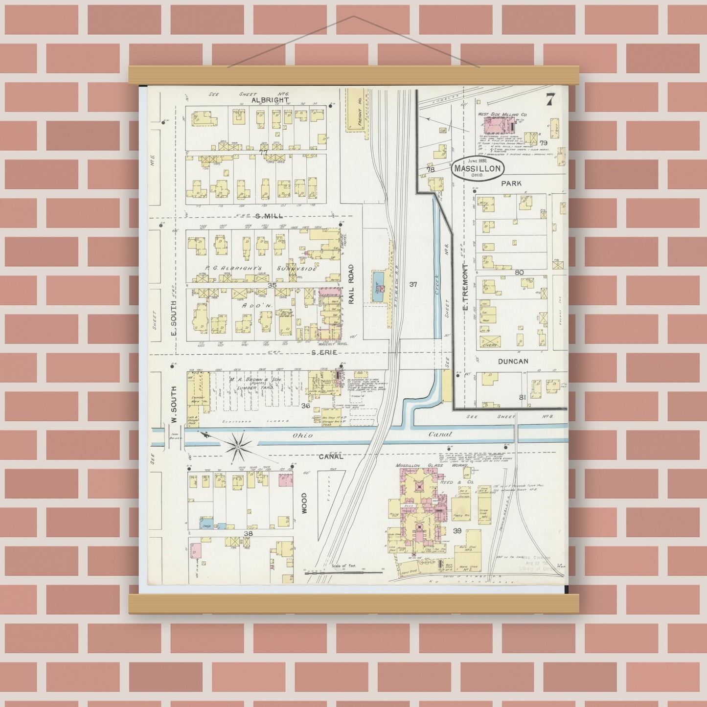 Old map wall art mockup — magnetic wood frame on brick wall — Sanborn Fire Insurance Map from Massillon, Stark County, Ohio (1892), Sheet #0007