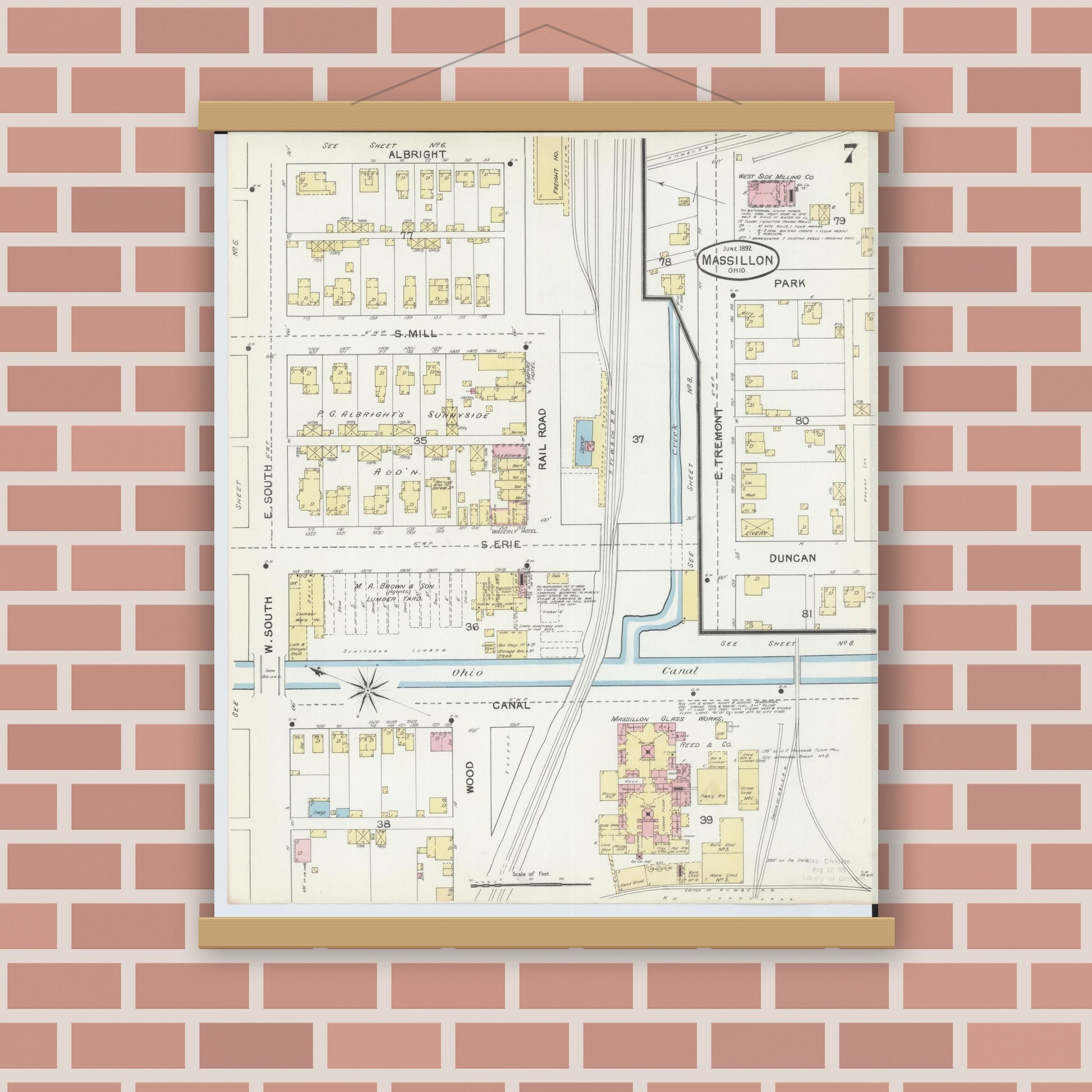 Old map wall art mockup — magnetic wood frame on brick wall — Sanborn Fire Insurance Map from Massillon, Stark County, Ohio (1892), Sheet #0007