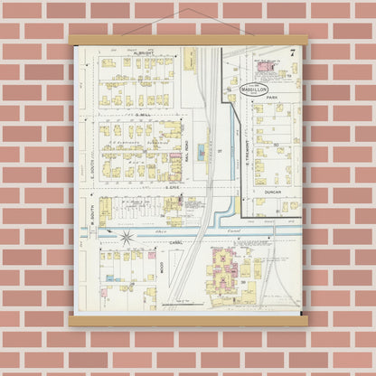 Old map wall art mockup — magnetic wood frame on brick wall — Sanborn Fire Insurance Map from Massillon, Stark County, Ohio (1892), Sheet #0007