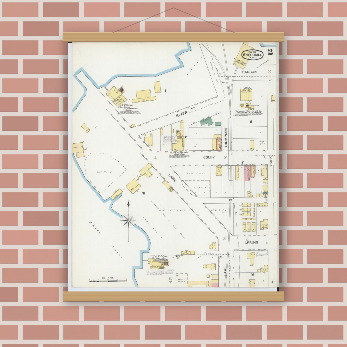 Old map wall art mockup — magnetic wood frame on brick wall — Sanborn Fire Insurance Map from Whitehall, Muskegon County, Michigan (1892), Sheet #0002