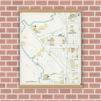 Old map wall art mockup — magnetic wood frame on brick wall — Sanborn Fire Insurance Map from Whitehall, Muskegon County, Michigan (1892), Sheet #0002