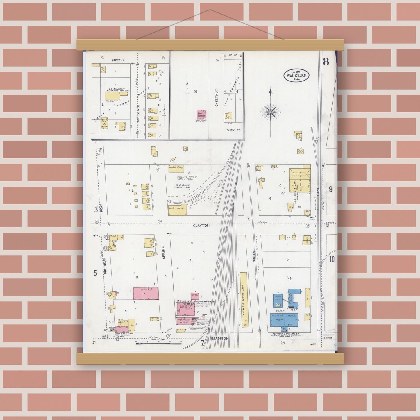 Old map wall art mockup — magnetic wood frame on brick wall — Sanborn Fire Insurance Map from Waukegan, Lake County, Illinois (1906), Sheet #0008