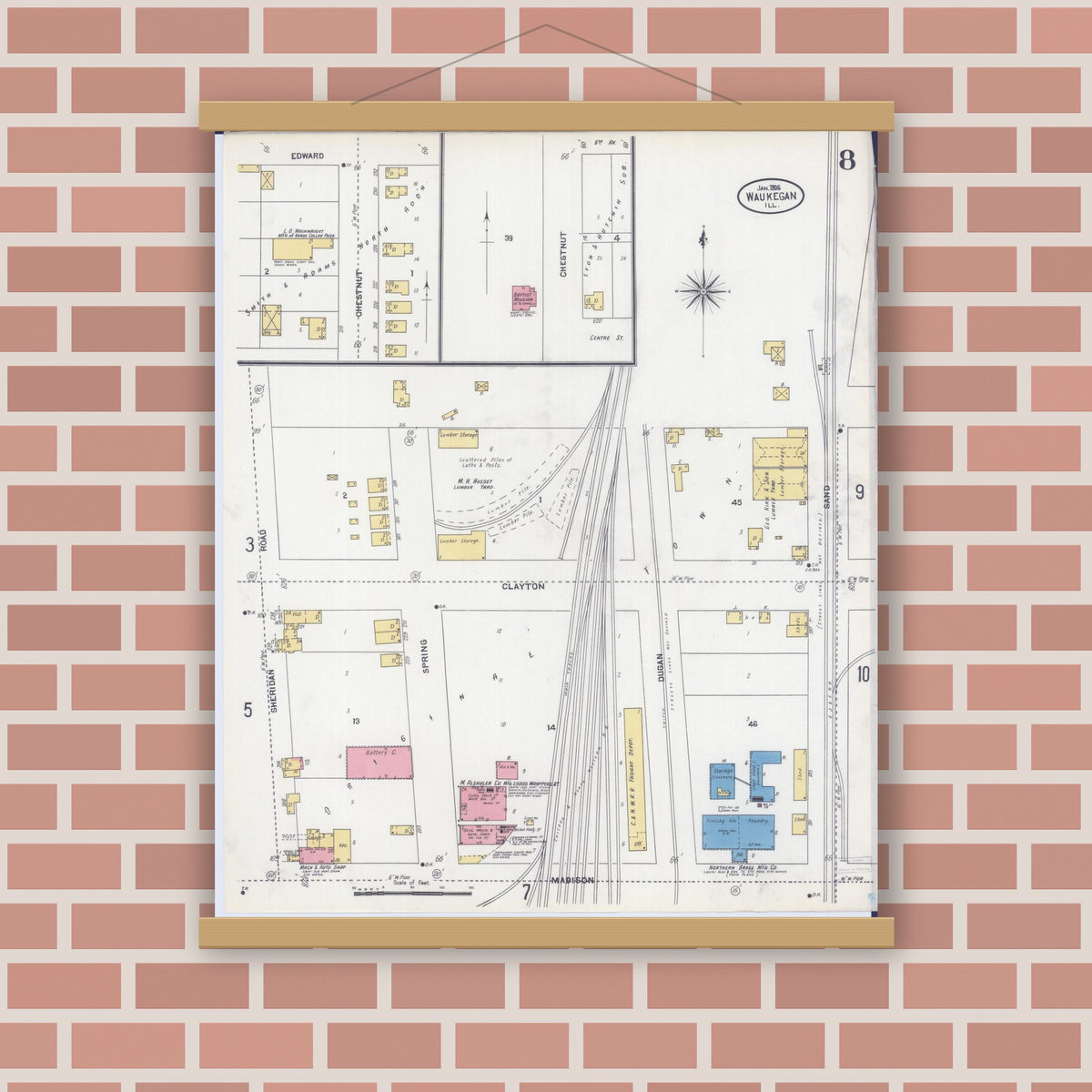 Old map wall art mockup — magnetic wood frame on brick wall — Sanborn Fire Insurance Map from Waukegan, Lake County, Illinois (1906), Sheet #0008