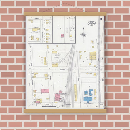 Old map wall art mockup — magnetic wood frame on brick wall — Sanborn Fire Insurance Map from Waukegan, Lake County, Illinois (1906), Sheet #0008