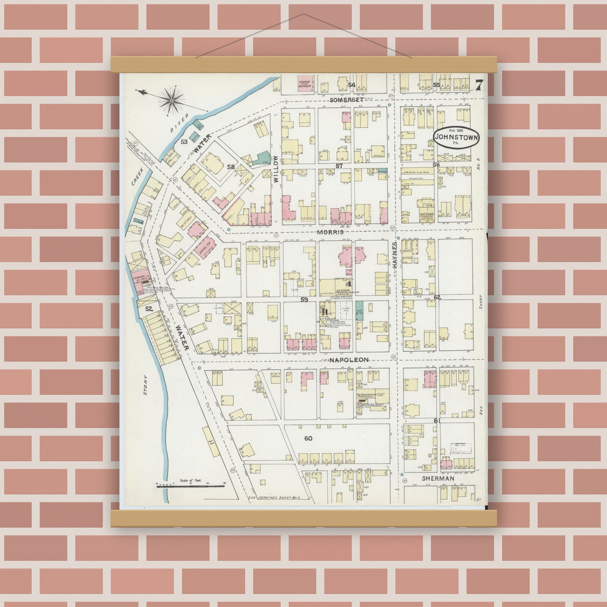 Old map wall art mockup — magnetic wood frame on brick wall — Sanborn Fire Insurance Map from Johnstown, Cambria County, Pennsylvania (1891), Sheet #0007