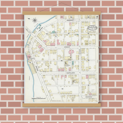 Old map wall art mockup — magnetic wood frame on brick wall — Sanborn Fire Insurance Map from Johnstown, Cambria County, Pennsylvania (1891), Sheet #0007