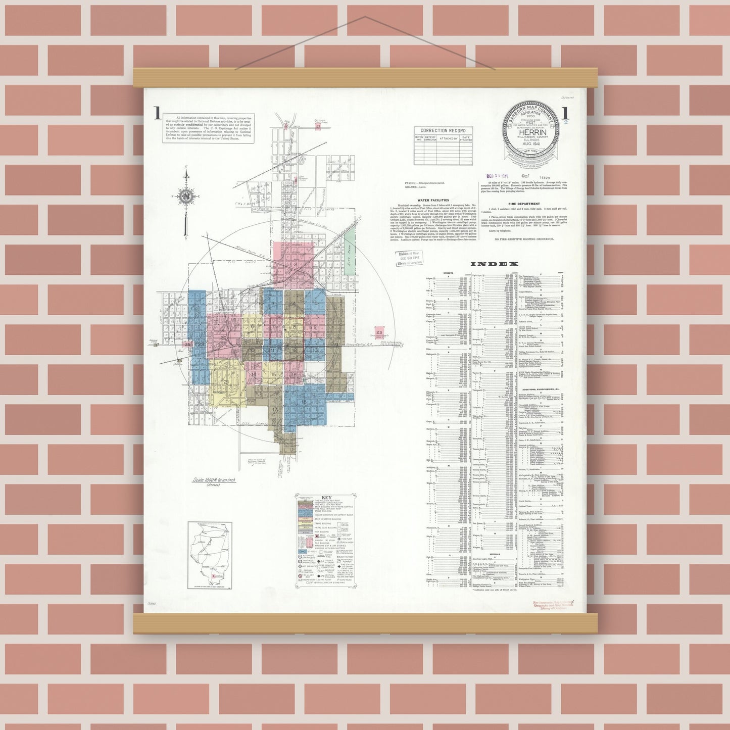 Old map wall art mockup — magnetic wood frame on brick wall — Sanborn Fire Insurance Map from Herrin, Williamson County, Illinois (1941) - Complete Map Set