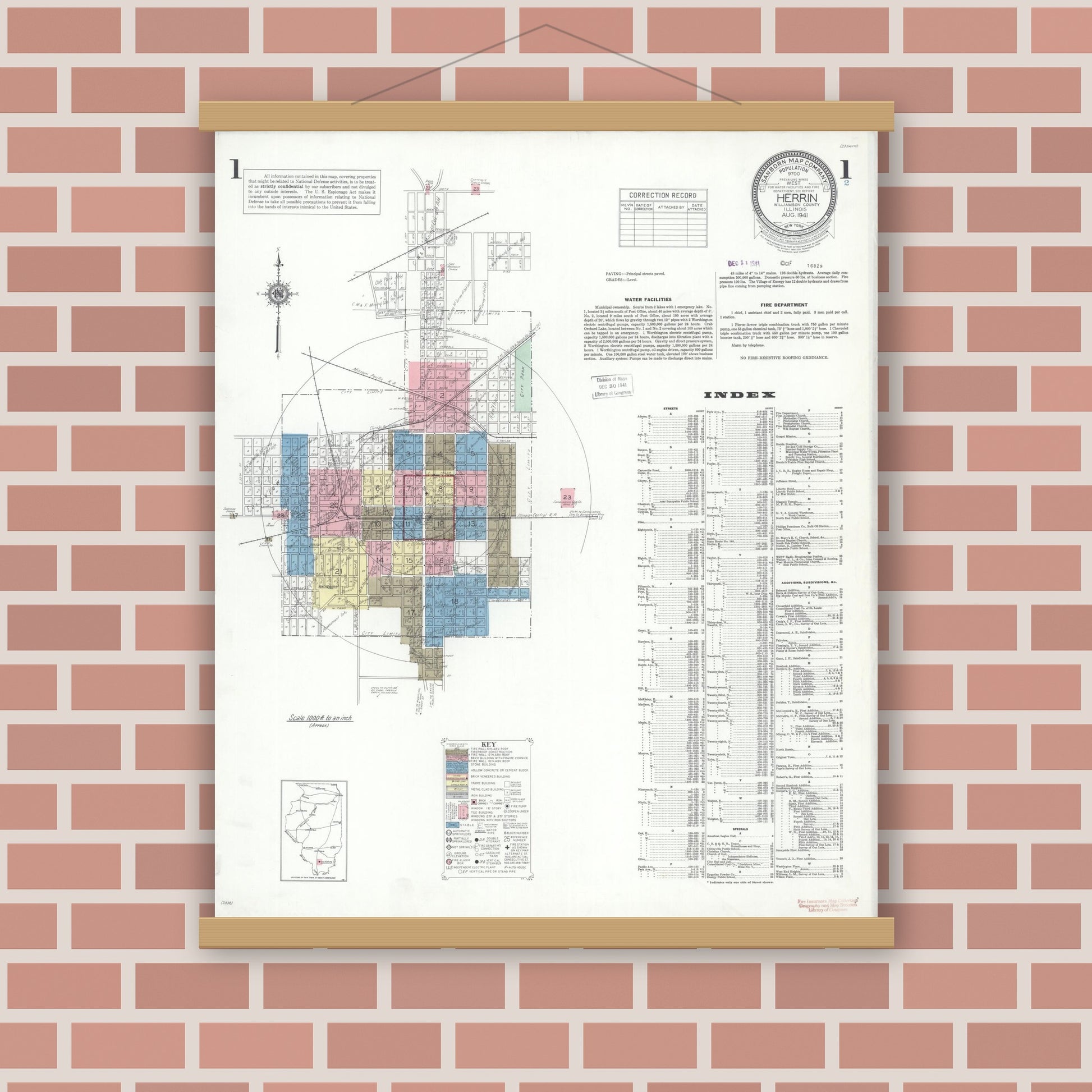 Old map wall art mockup — magnetic wood frame on brick wall — Sanborn Fire Insurance Map from Herrin, Williamson County, Illinois (1941) - Complete Map Set