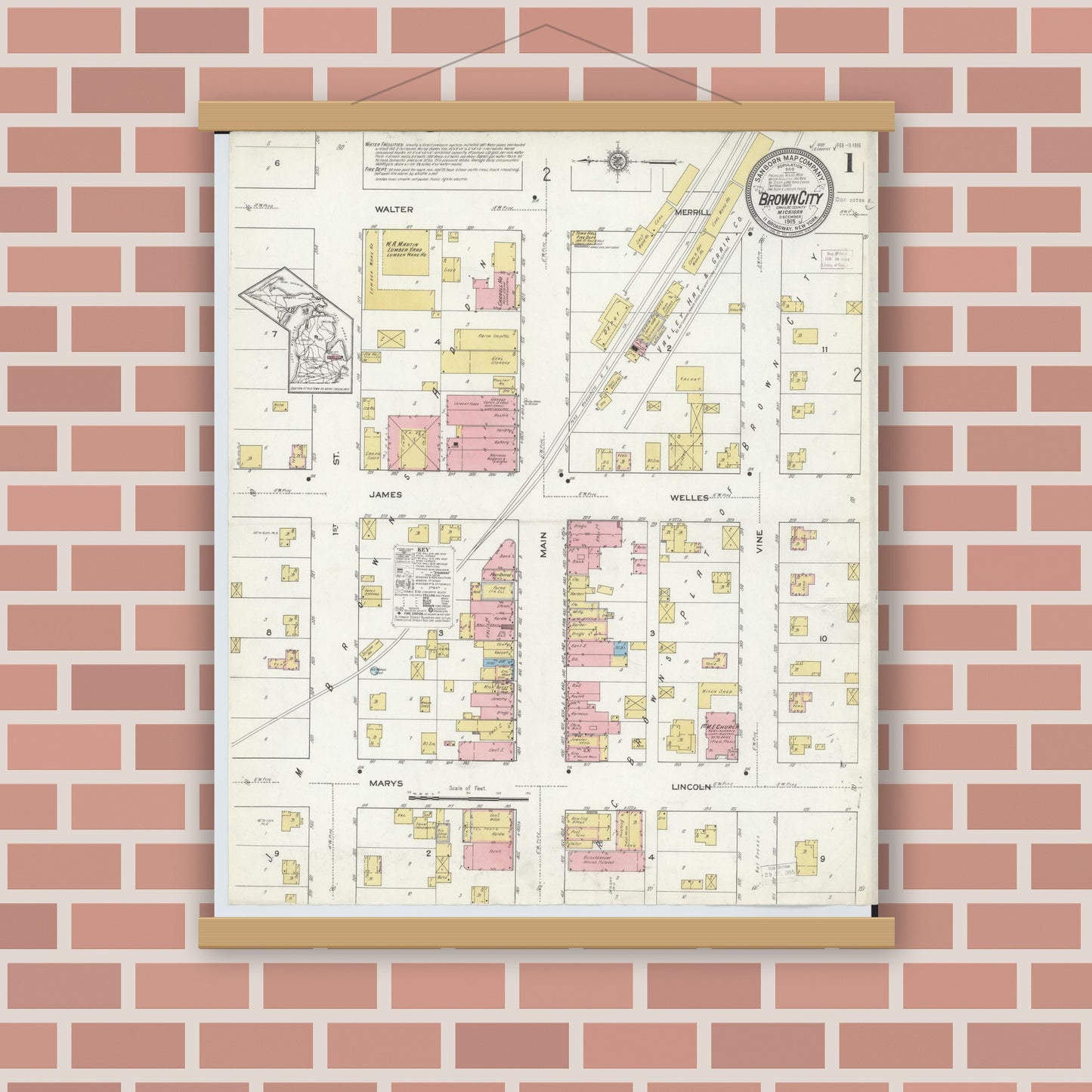 Old map wall art mockup — magnetic wood frame on brick wall — Sanborn Fire Insurance Map from Brown City, Sanilac County, Michigan (1915) - Complete Map Set