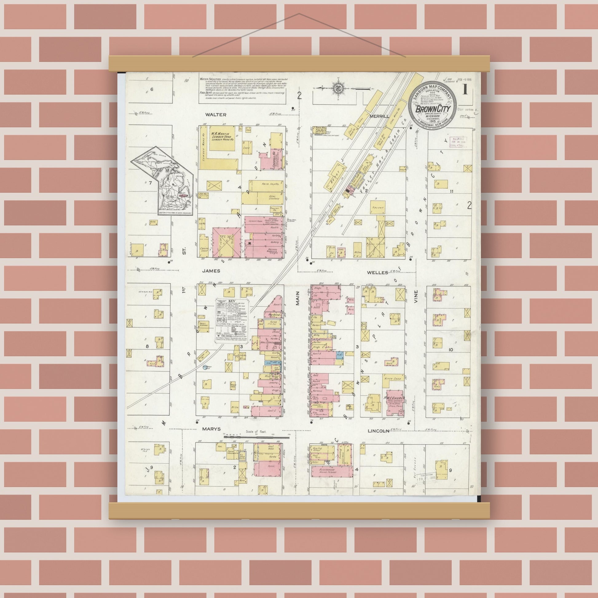 Old map wall art mockup — magnetic wood frame on brick wall — Sanborn Fire Insurance Map from Brown City, Sanilac County, Michigan (1915) - Complete Map Set