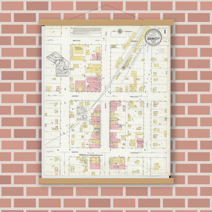Old map wall art mockup — magnetic wood frame on brick wall — Sanborn Fire Insurance Map from Brown City, Sanilac County, Michigan (1915) - Complete Map Set