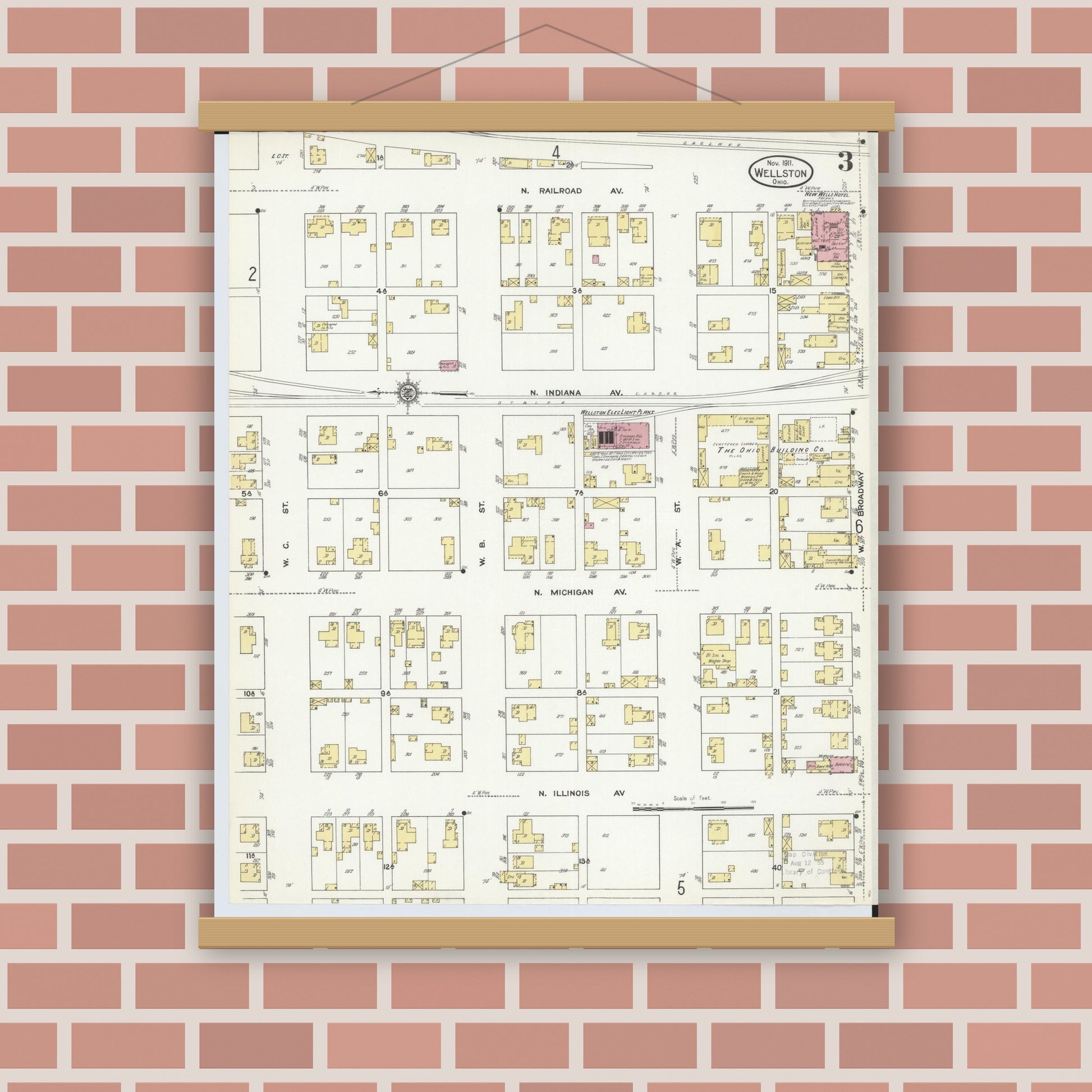 Old map wall art mockup — magnetic wood frame on brick wall — Sanborn Fire Insurance Map from Wellston, Jackson County, Ohio (1911), Sheet #0003