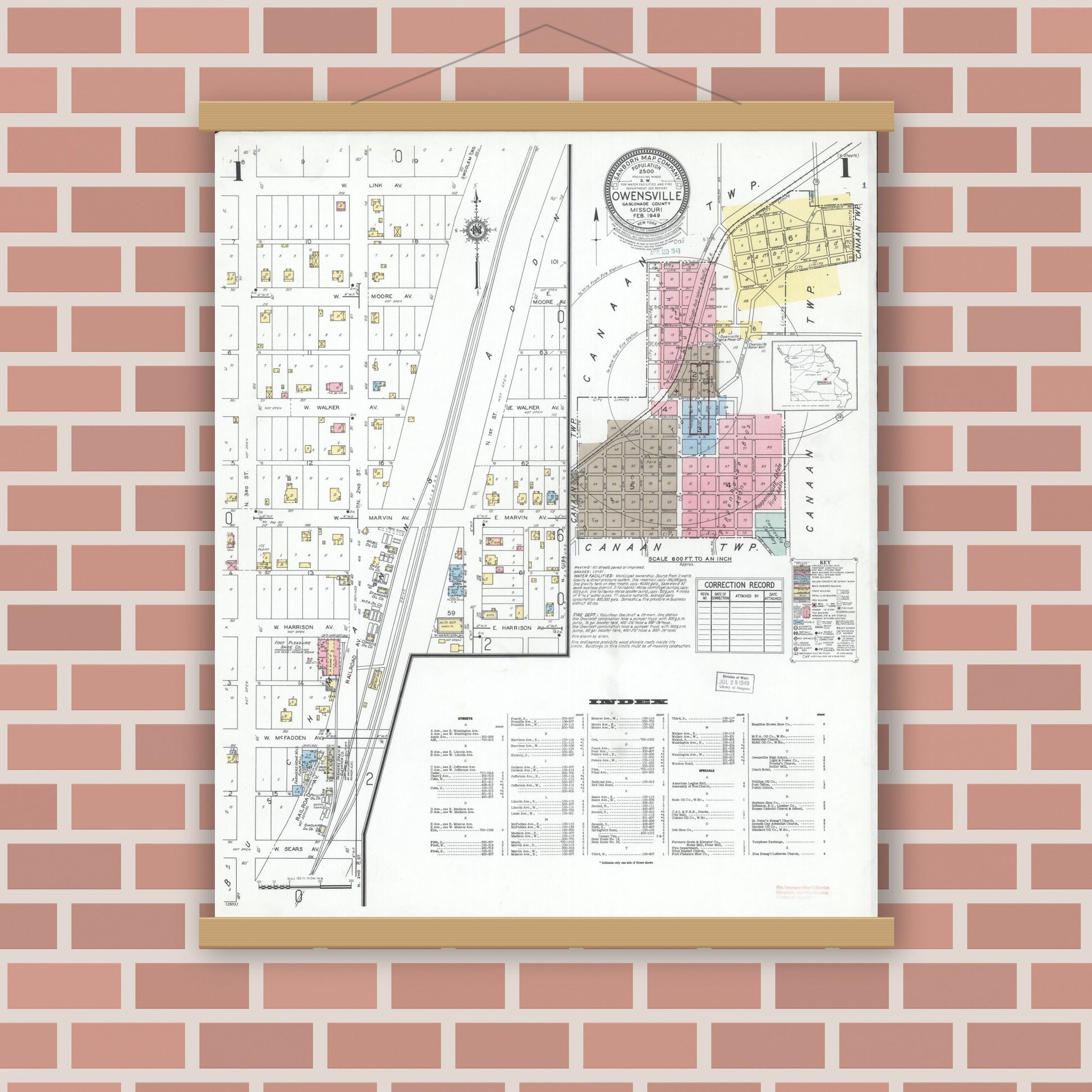 Old map wall art mockup — magnetic wood frame on brick wall — Sanborn Fire Insurance Map from Owensville, Gasconade County, Missouri (1949) - Complete Map Set