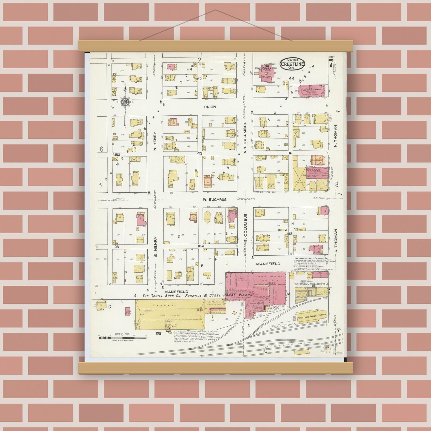 Old map wall art mockup — magnetic wood frame on brick wall — Sanborn Fire Insurance Map from Crestline, Crawford County, Ohio (1921), Sheet #0007