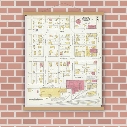 Old map wall art mockup — magnetic wood frame on brick wall — Sanborn Fire Insurance Map from Crestline, Crawford County, Ohio (1921), Sheet #0007