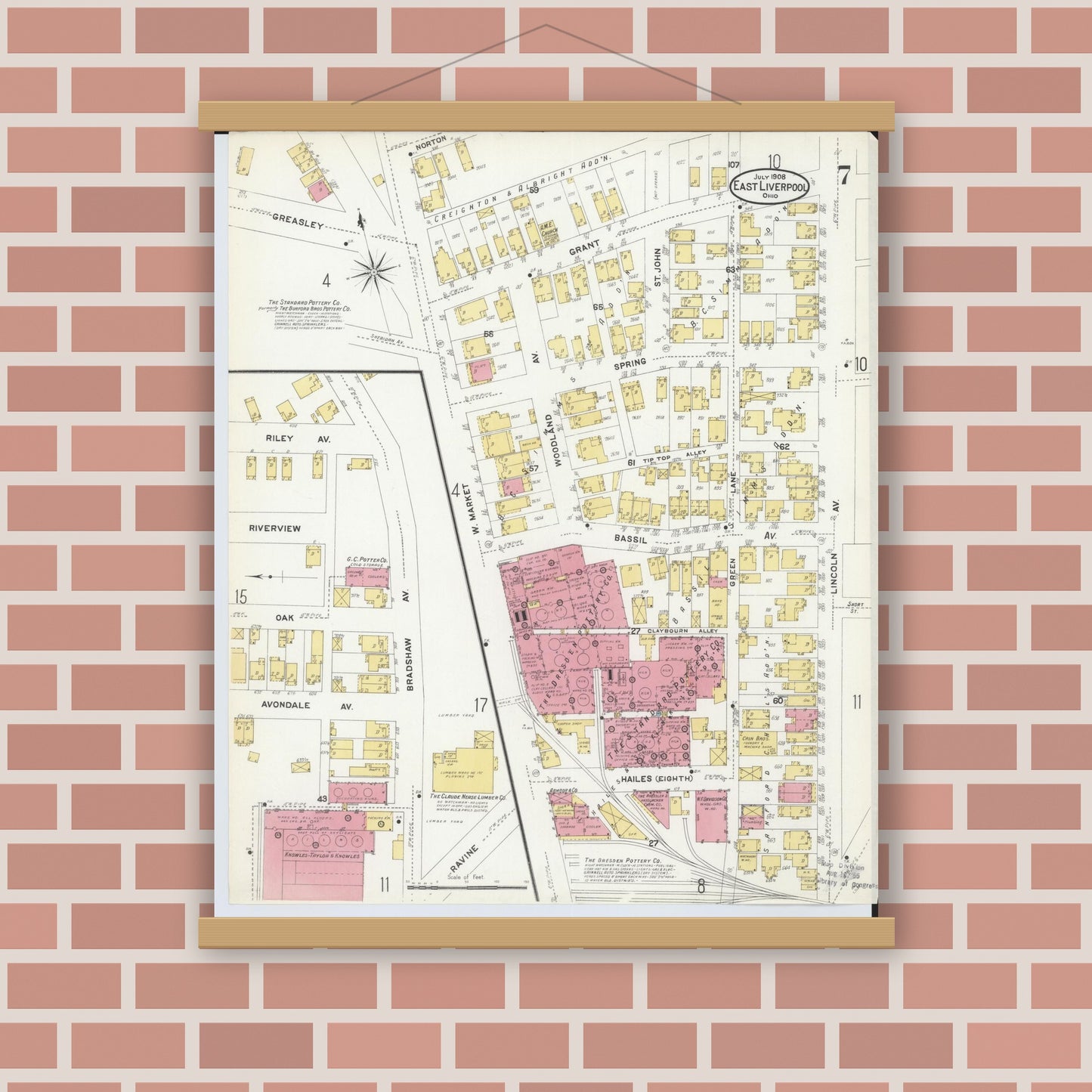 Old map wall art mockup — magnetic wood frame on brick wall — Sanborn Fire Insurance Map from East Liverpool, Columbiana County, Ohio (1908), Sheet #0007
