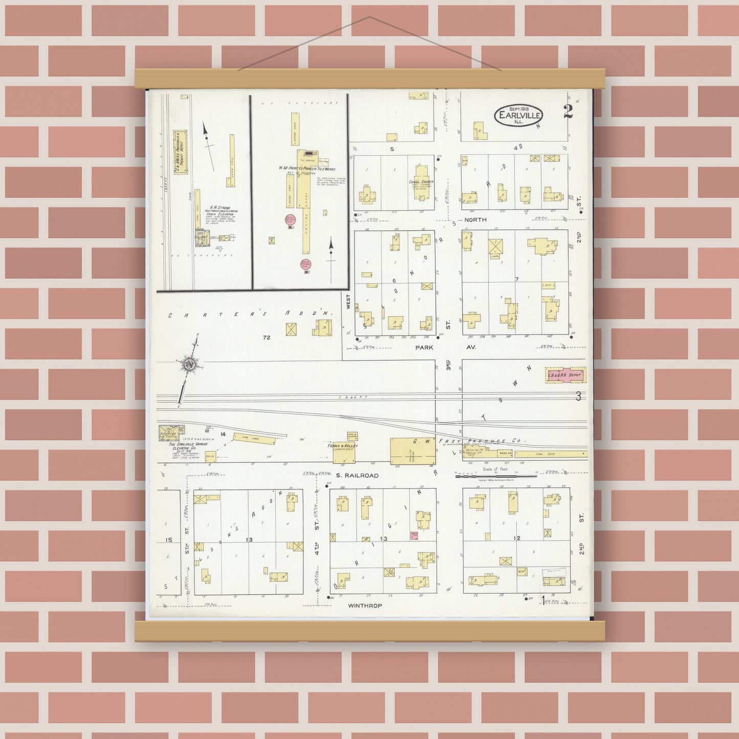 Old map wall art mockup — magnetic wood frame on brick wall — Sanborn Fire Insurance Map from Earlville, La Salle County, Illinois (1918), Sheet #0002