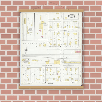 Old map wall art mockup — magnetic wood frame on brick wall — Sanborn Fire Insurance Map from Earlville, La Salle County, Illinois (1918), Sheet #0002