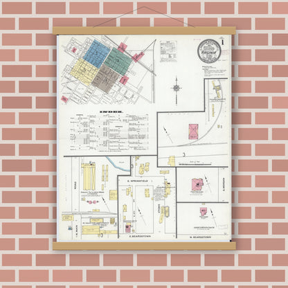 Old map wall art mockup — magnetic wood frame on brick wall — Sanborn Fire Insurance Map from Virginia, Cass County, Illinois (1909), Sheet #0001
