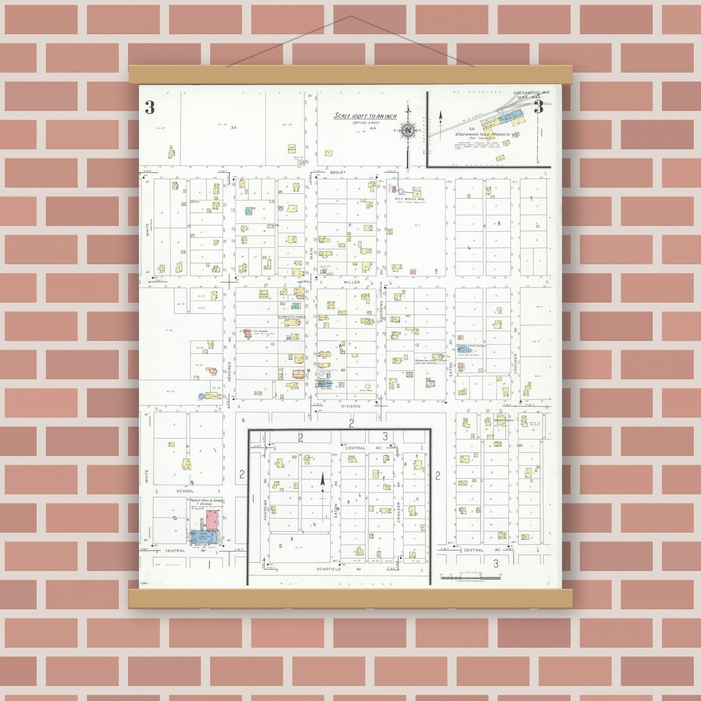 Old map wall art mockup — magnetic wood frame on brick wall — Sanborn Fire Insurance Map from Greenwood, Clark County, Wisconsin (1940), Sheet #0003