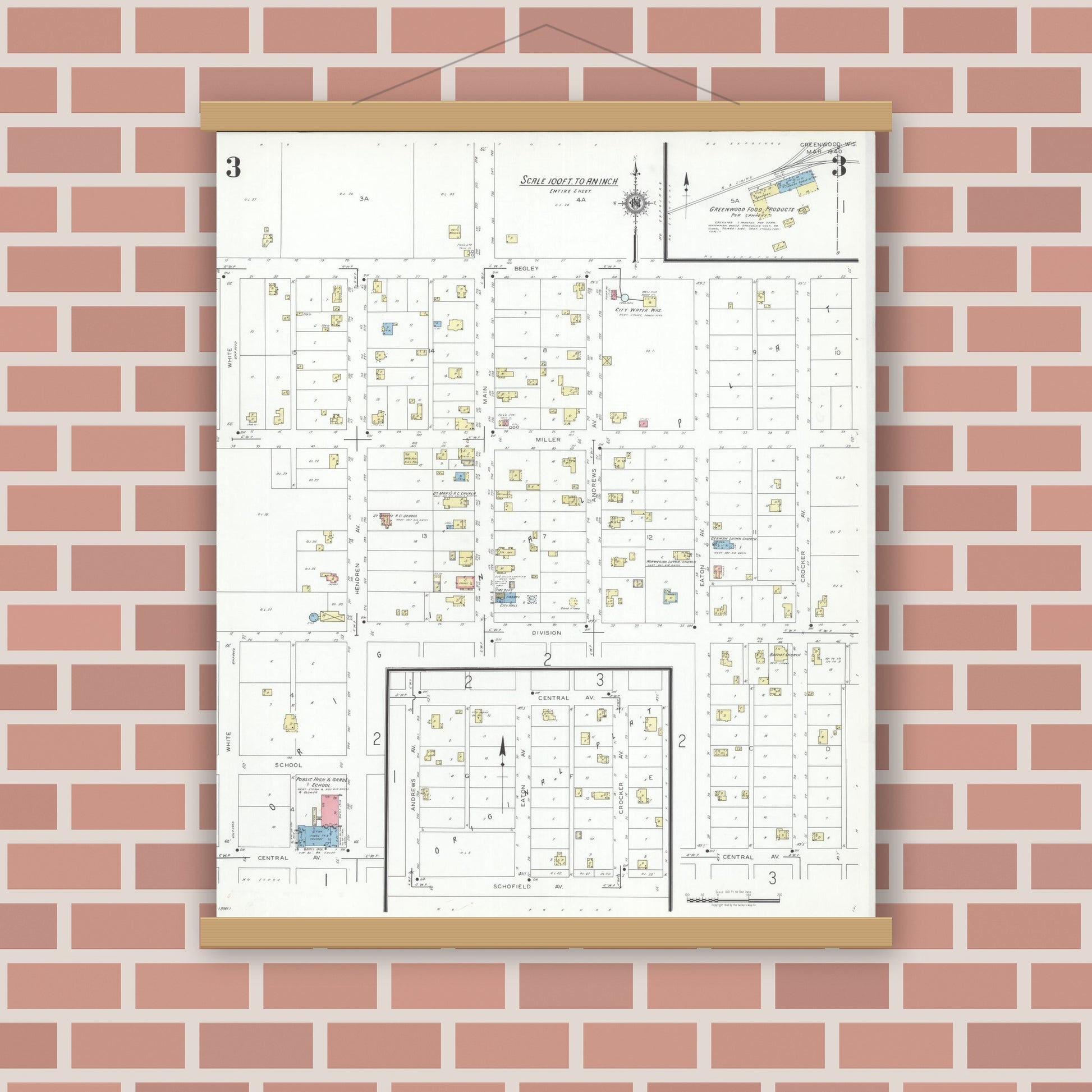 Old map wall art mockup — magnetic wood frame on brick wall — Sanborn Fire Insurance Map from Greenwood, Clark County, Wisconsin (1940), Sheet #0003