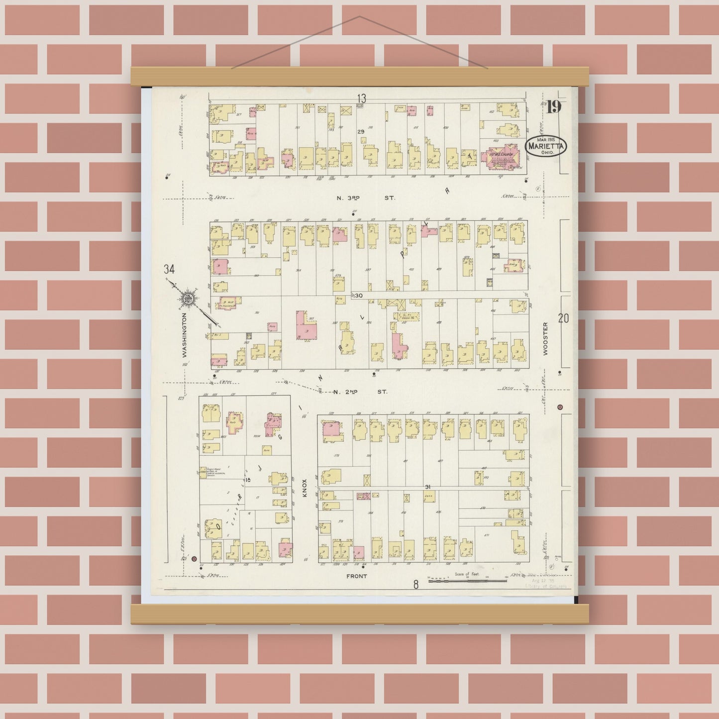 Old map wall art mockup — magnetic wood frame on brick wall — Sanborn Fire Insurance Map from Marietta, Washington County, Ohio (1915), Sheet #0019